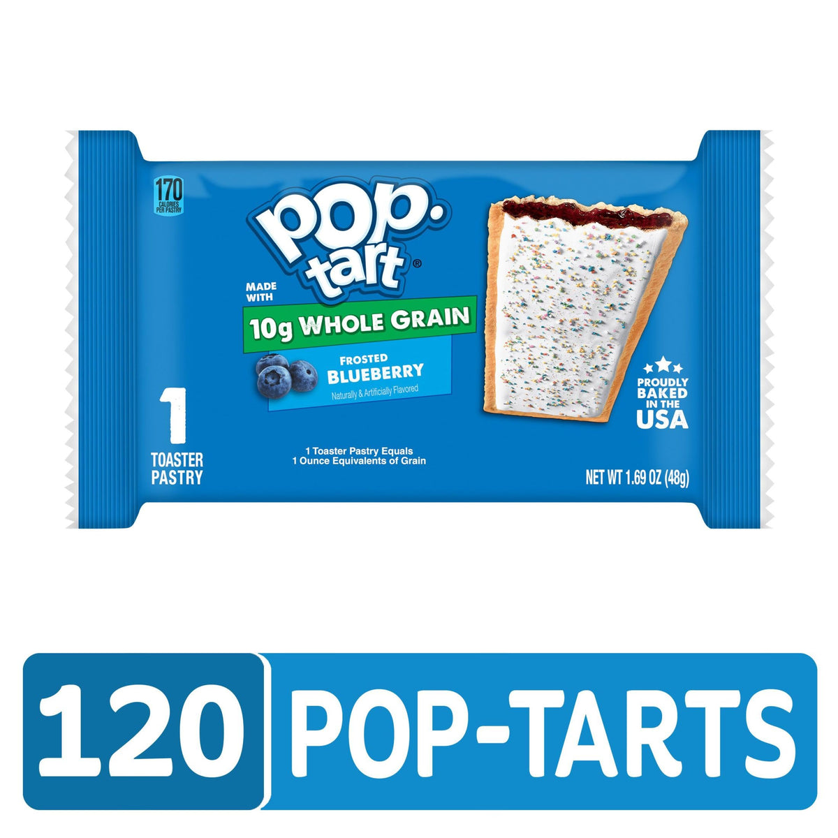 Pop-Tart Made with Whole Grain, Toaster Pastries, Frosted Blueberry, 1.76oz (120 Count)