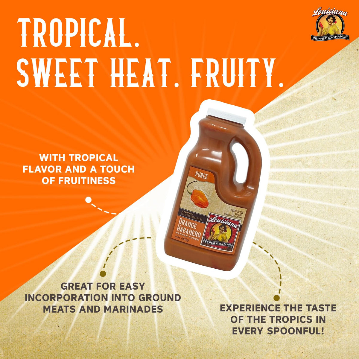 Louisiana Pepper Exchange Orange Habanero Pepper Puree Sauce Salsa, Spicy Sweet Tropical Seasoning, Plant-Based, Gluten-Free, 64