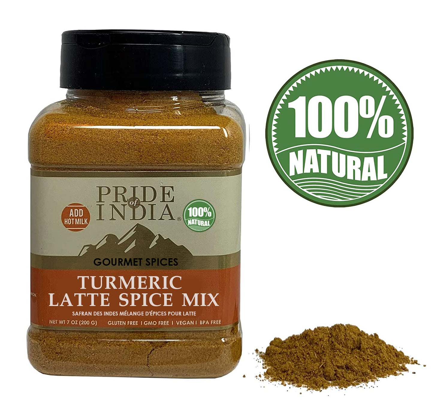 Pride Of India Turmeric Latte Spice Mix - Gluten-Free Tea Blend - 7 oz Sifter Bottle
