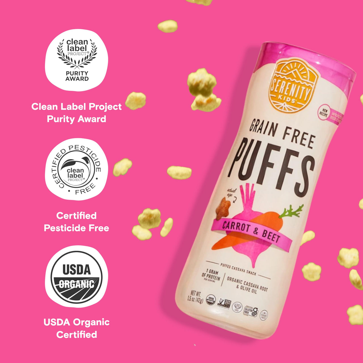 Serenity Kids 6+ Month Grain-Free Puffs Toddler & Baby Snack - No Added Sugar - Gluten & Rice Free - Bpa & Allergen Friendly W/O
