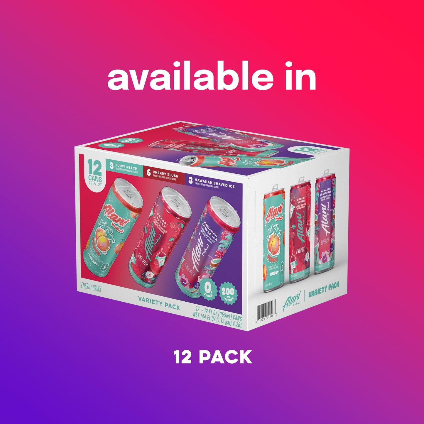 Alani Nu Energy Drink Variety Pack - Cherry Slush, Juicy Peach, Hawaiian Shaved Ice, Sugar Free, 200mg Caffeine, 12 Fl Oz, 12 Pack
