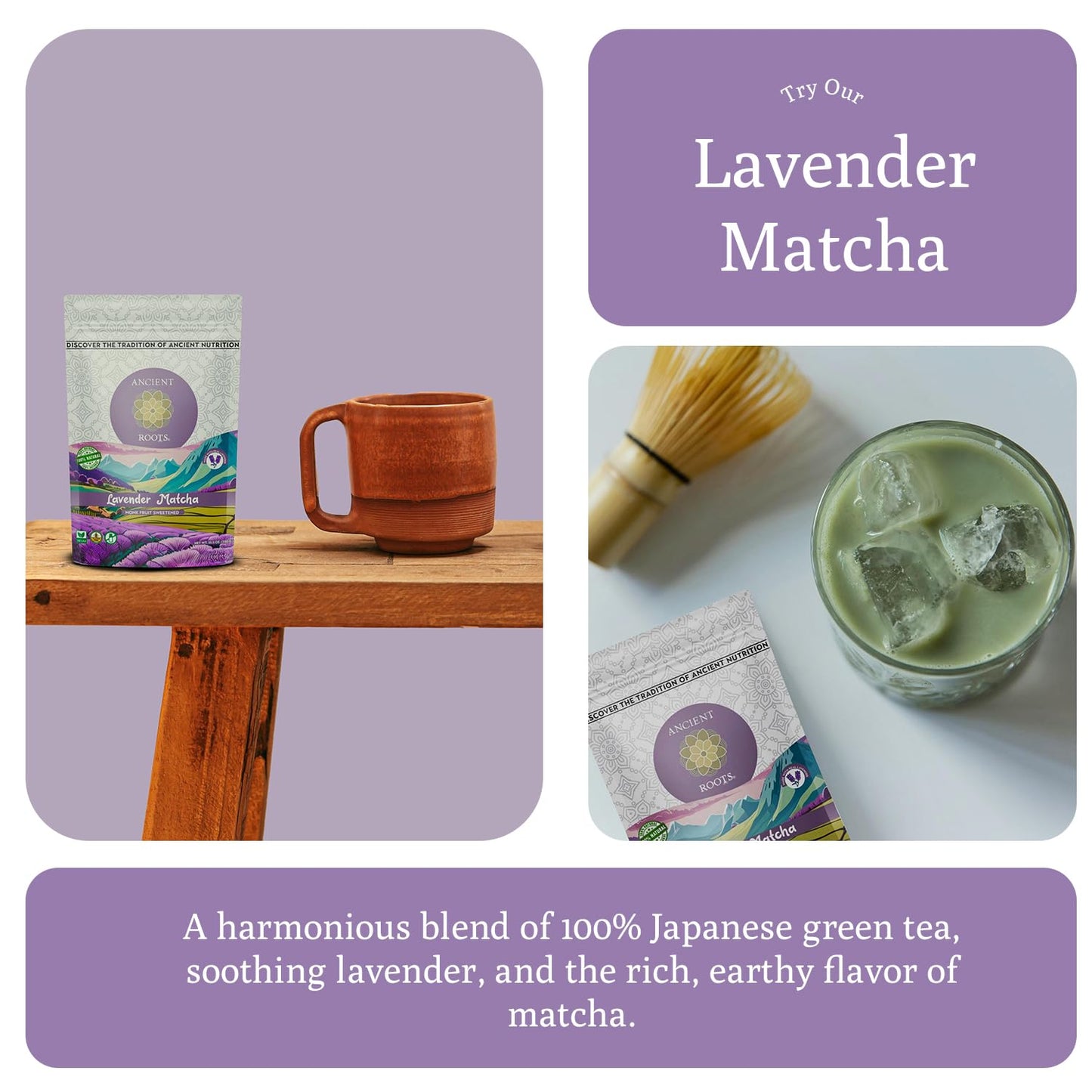Ancient Roots Lavender Matcha Green Tea Powder, 100% Japanese, Monk Fruit Sweetened, 10.5 Ounce