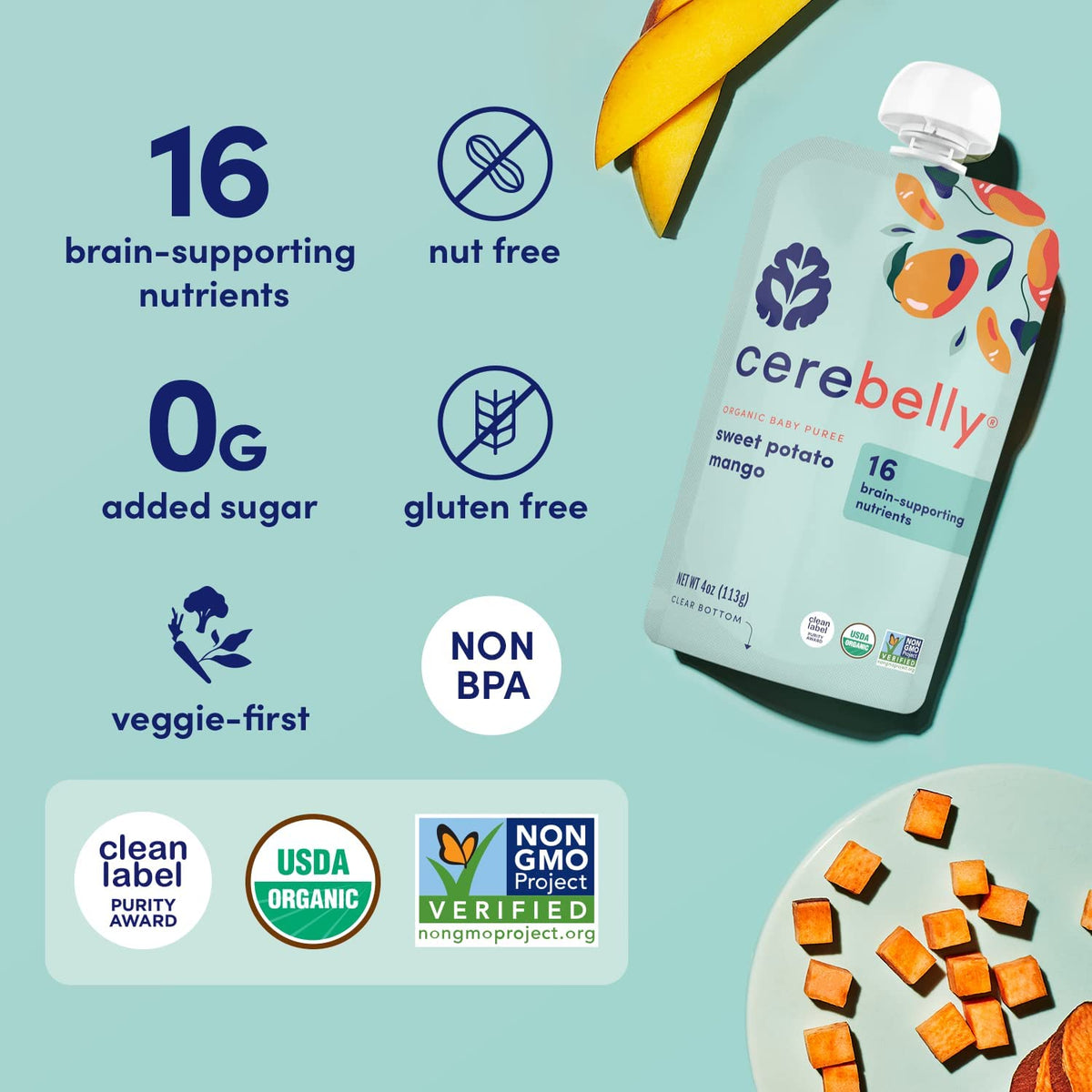 Cerebelly Organic Baby Food Pouches, Veggie & Bone Broth Purees, 16 Nutrients, No Added Sugar, Non-Gmo, Toddler Snacks, 6 Flavors, 4Oz, 8 Pack