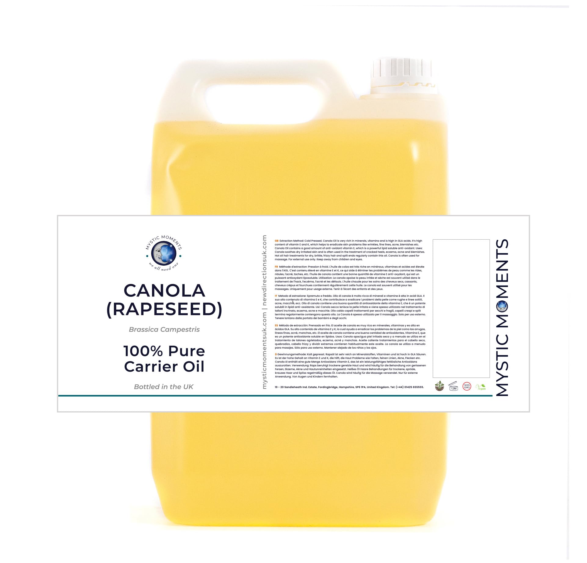 Mystic Moments| Canola (Rapeseed) Carrier Oil 5 Litres (Brassica napus) | Lightweight Moisturising Treatment for Skin & Hair Car