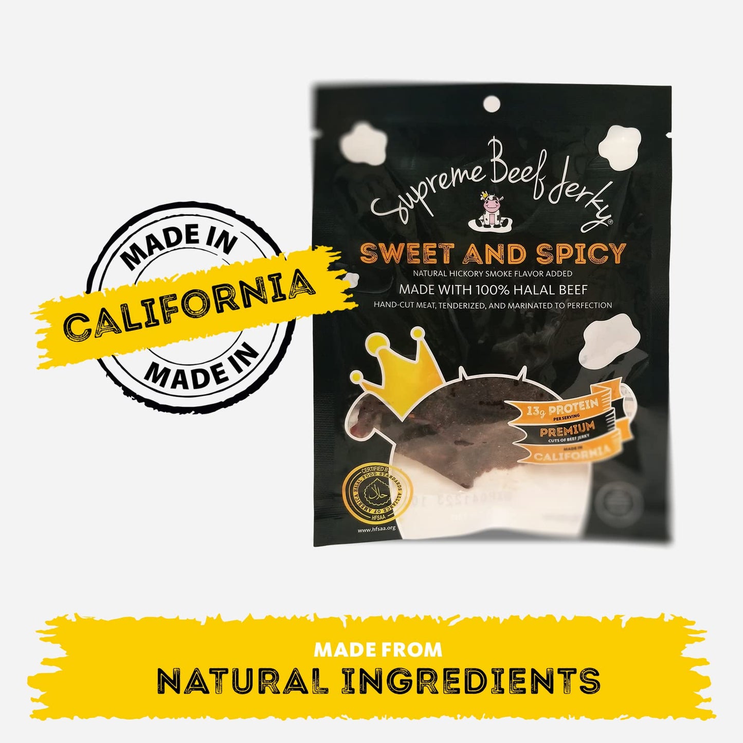 Supreme Beef Jerky, Halal Beef Jerky, Zabiha Halal Certified Beef, Handcrafted Gourmet Meat Snacks, 2.5 Oz, Sweet And Spicy, Jal
