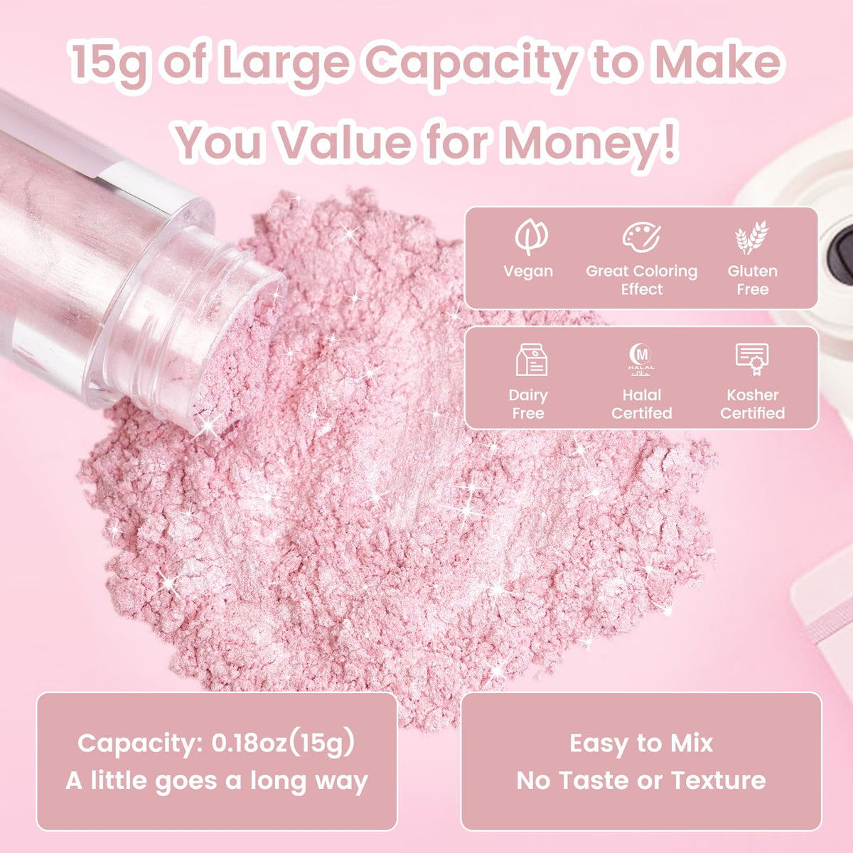 Pink Edible Glitter For Cakes And Cocktails, 15G Food-Grade Pink Luster Dust Edible Shimmer Powder For Drinks,Baking,Easter Egg