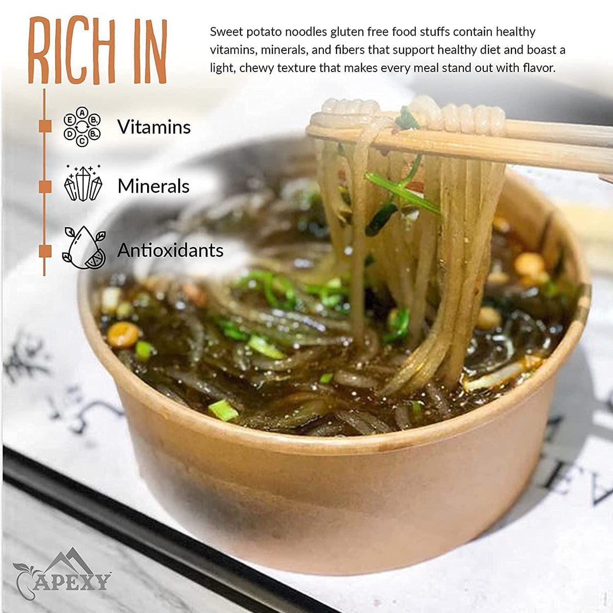 APEXY Sweet Potato Glass Noodles, Fat-free & Gluten-free, 10.58oz, Japchae Noodles