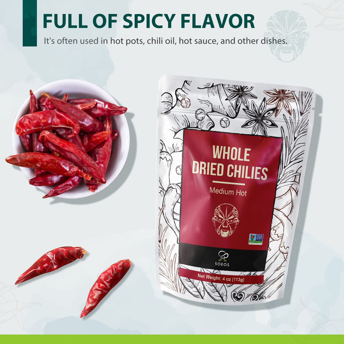 Soeos Whole Dried Chili Peppers, Medium Spicy, 4oz, Great for Mexican Recipes
