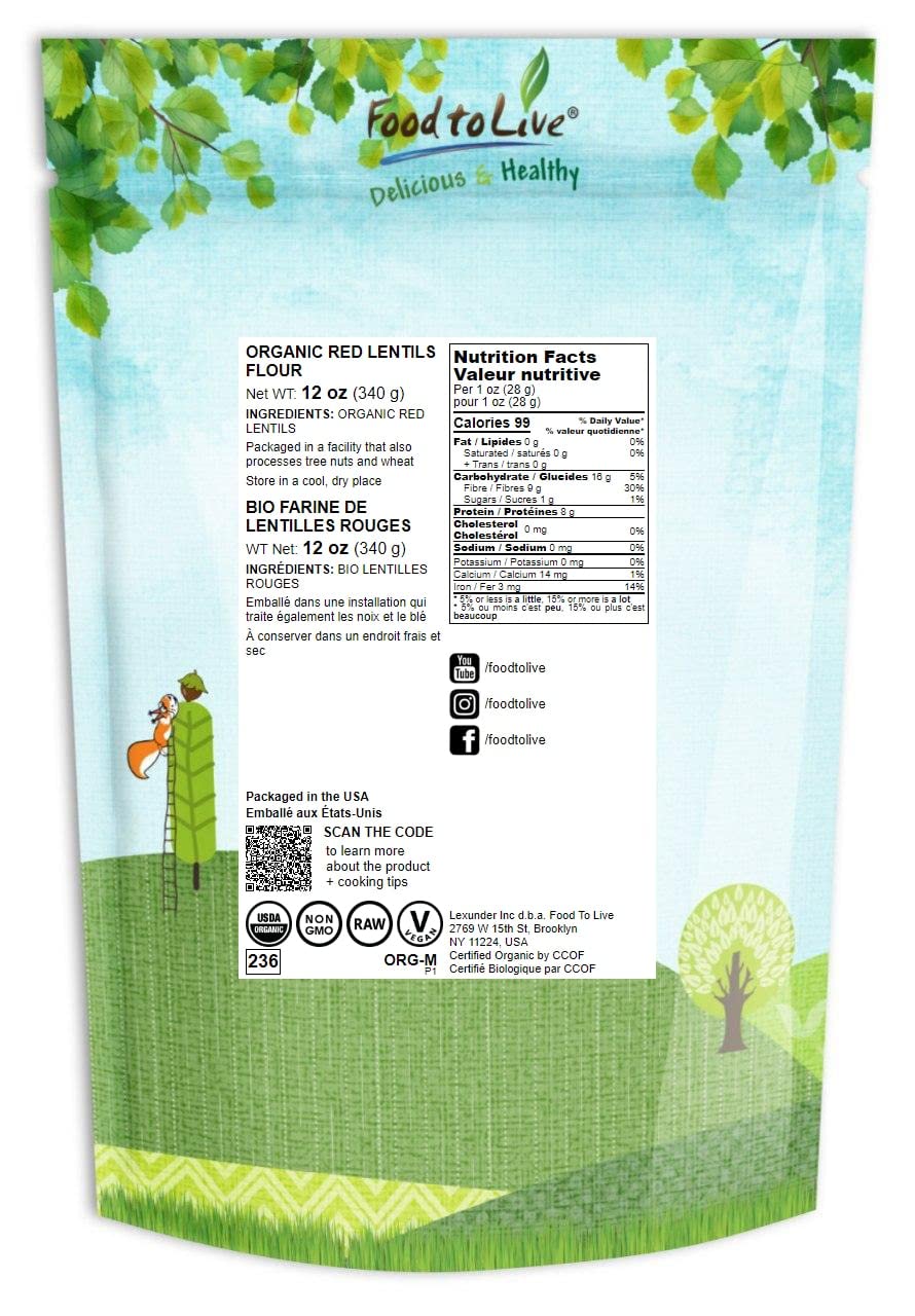 Food To Live Organic Red Lentil Flour, 12 Ounces - Non-Gmo, Finely Ground, Pure, Raw, Keto, Nutritious Vegan Powder In Bulk. Goo