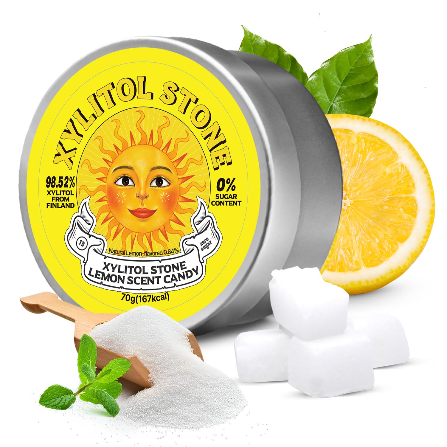 Xylitol Stone Sugar Free Candy - Vegan & Keto Friendly Unique Hard Candy - 100% Natural Flavor Candies - Gluten Free & Non-Gmo Breath Freshener Low Calorie Mints - Lemon (Pack Of 1)