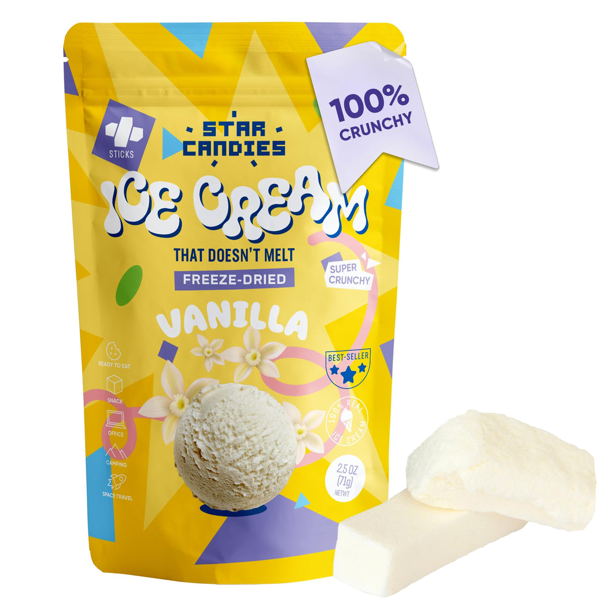 Star Candies Freeze Dried Ice Cream Vanilla | No Melting Freeze Dried Vanilla Ice Cream Candy | Crunchy & Delicious Camping Food