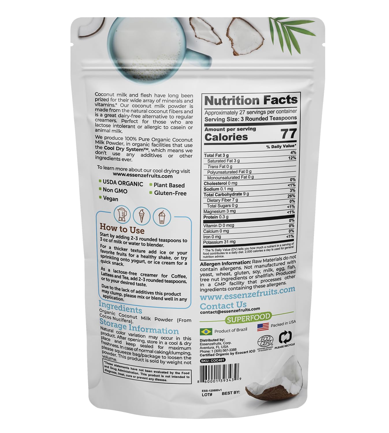 Essenzefruits Organic Coconut Milk Powder, Maltodextrin Free, No Sugar Added, Vegan, Keto, 8 Oz