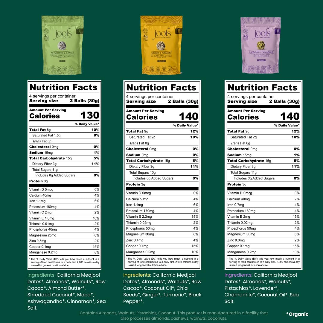 Jools Medjool Date Snack Bites Variety Pack - Ashwagandha & Maca, Ginger & Turmeric, Chamomile & Lavender - Plant-Based, Gluten-
