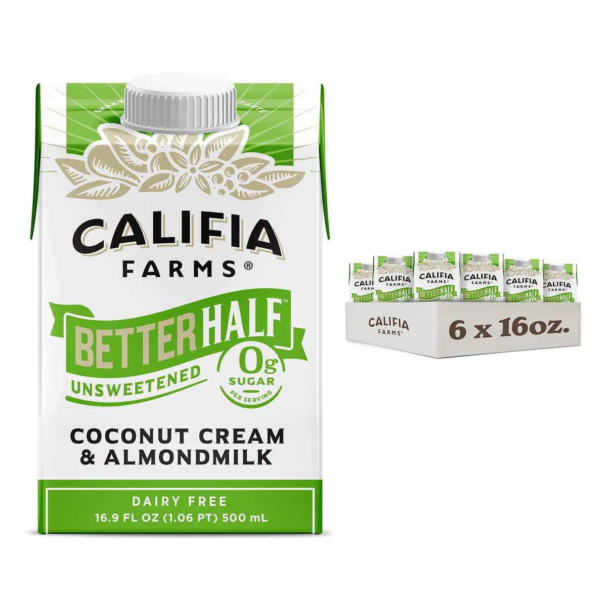 Califia Farms - Unsweetened Better Half, Half And Half Substitute, 16.9 Oz (Pack of 6), Almond Milk, Coconut Cream, Coffee Cream