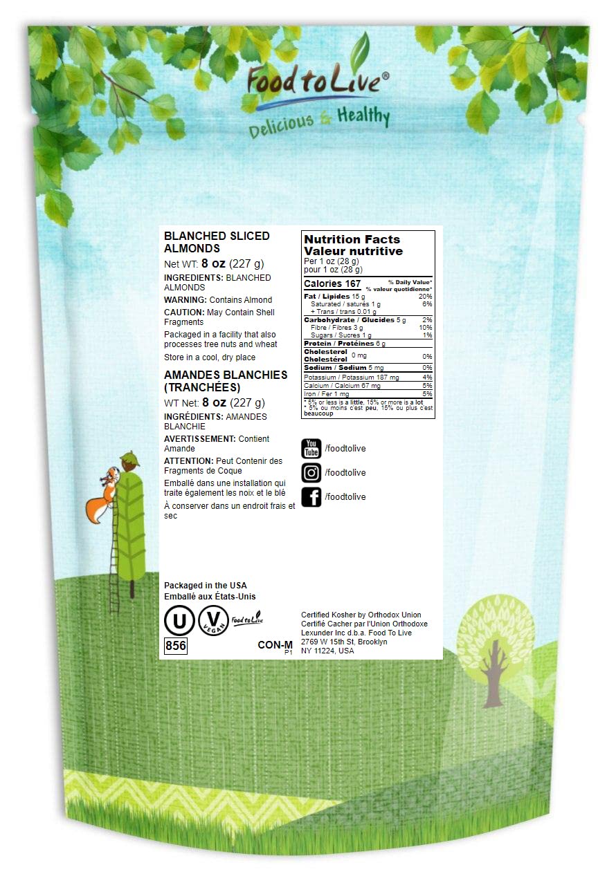Food To Live - Blanched Sliced Almonds, 8 Ounces Thinly Sliced Raw Blanched Almonds, Vegan, Keto, Kosher, Bulk. High In Vitamin