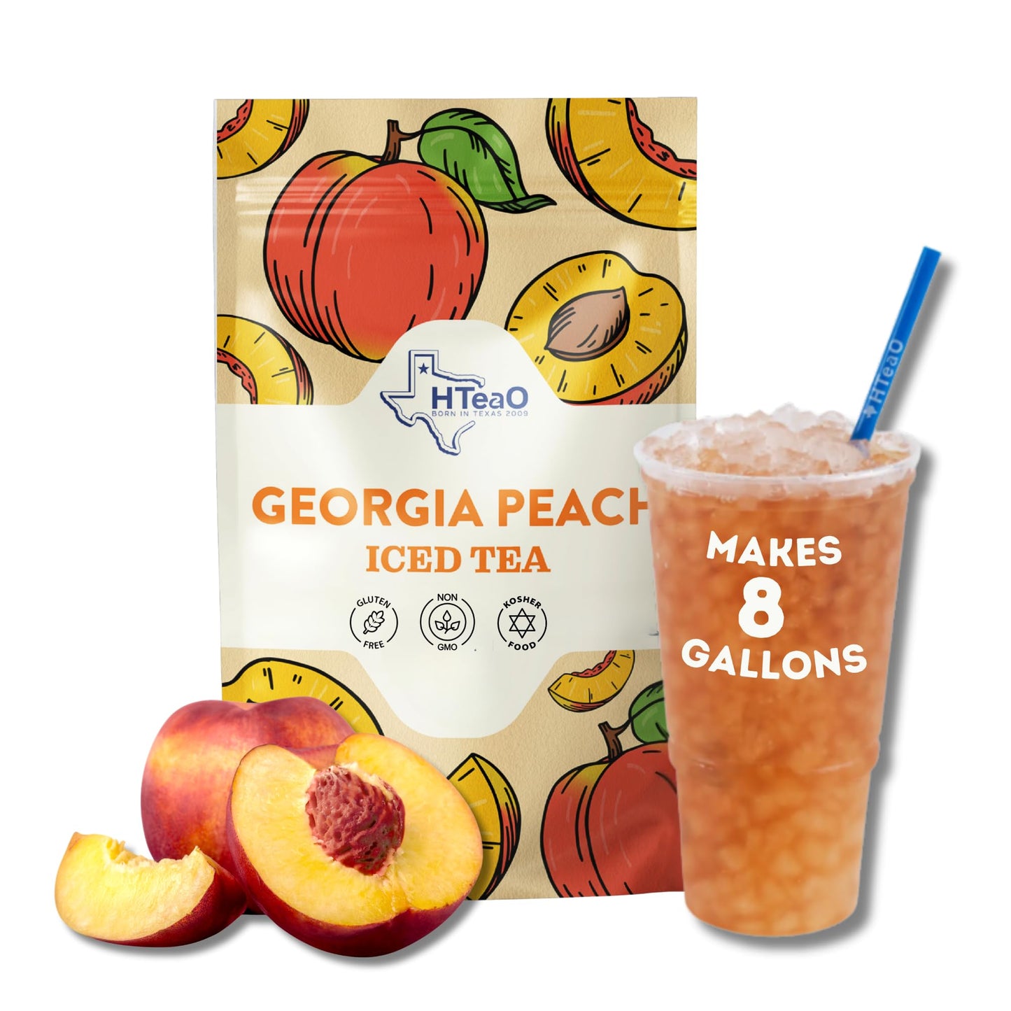 HTEAO Iced Tea Sachets - Georgia Peach Black Tea Mix - 8 Gallons - Instant Iced Tea - Pack of 16 Sachet Bags