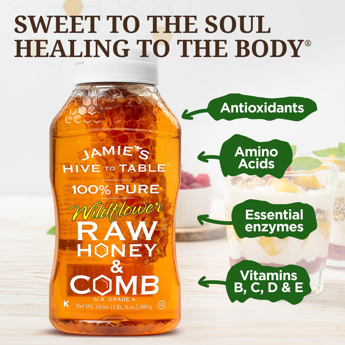 Jamies Hive To Table 100% Pure Wildflower Honey With Honeycomb, 24 Oz - Usa Made Raw & Unfiltered Honey - Fresh Edible Honeycomb