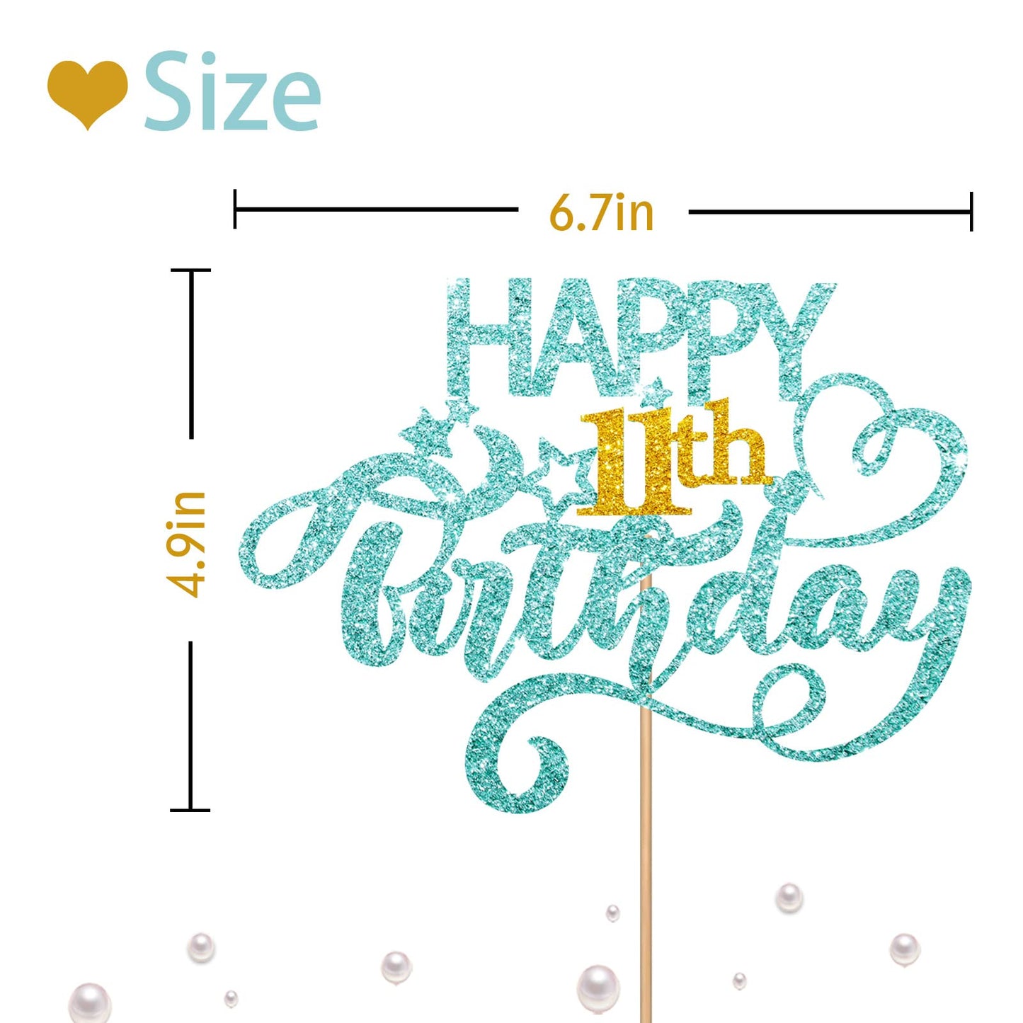 Sky Blue Glitter Happy 11Th Birthday Cake Topper, Eleven Years Old Birthday Party Cake Decor, Gold Number 11 Birthday Party Supp
