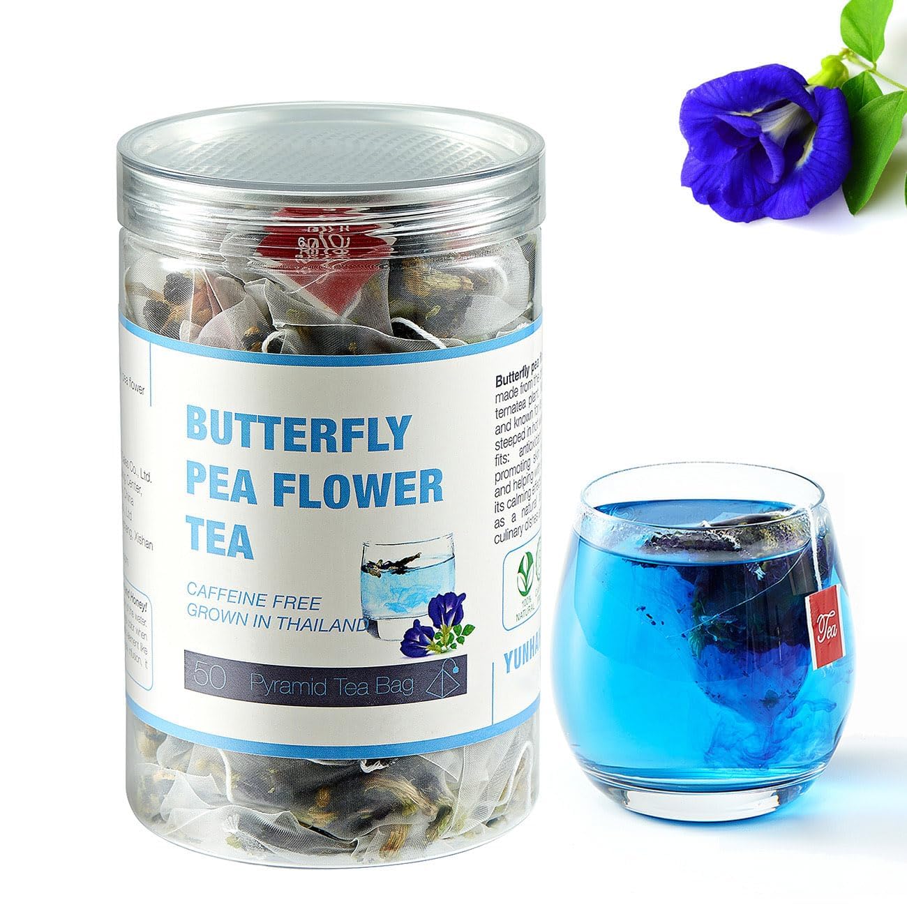 50 Dried Blue Butterfly Pea Flower Tea Bags | Thai Herbal Tea | Blue Purple Pea Tea | Energy Blend-Free  Gluten-Free  Non-Gmo | Ideal For Cooking  Iced Tea  Coolers  Mixed Flavors And Mocktails