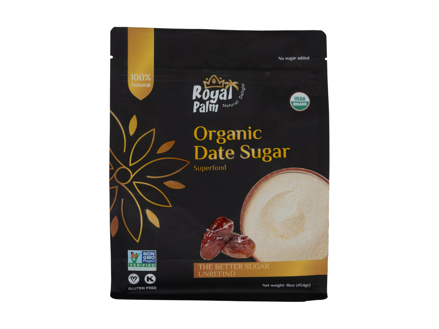Royal Palm Organic Date Sugar | enhanced Natural Sweetener | Ideal Baking Sugar Substitute | High-Fiber Vegan & Paleo Alternative | Gluten-Free & Kosher | Non-GMO | 16oz Pack