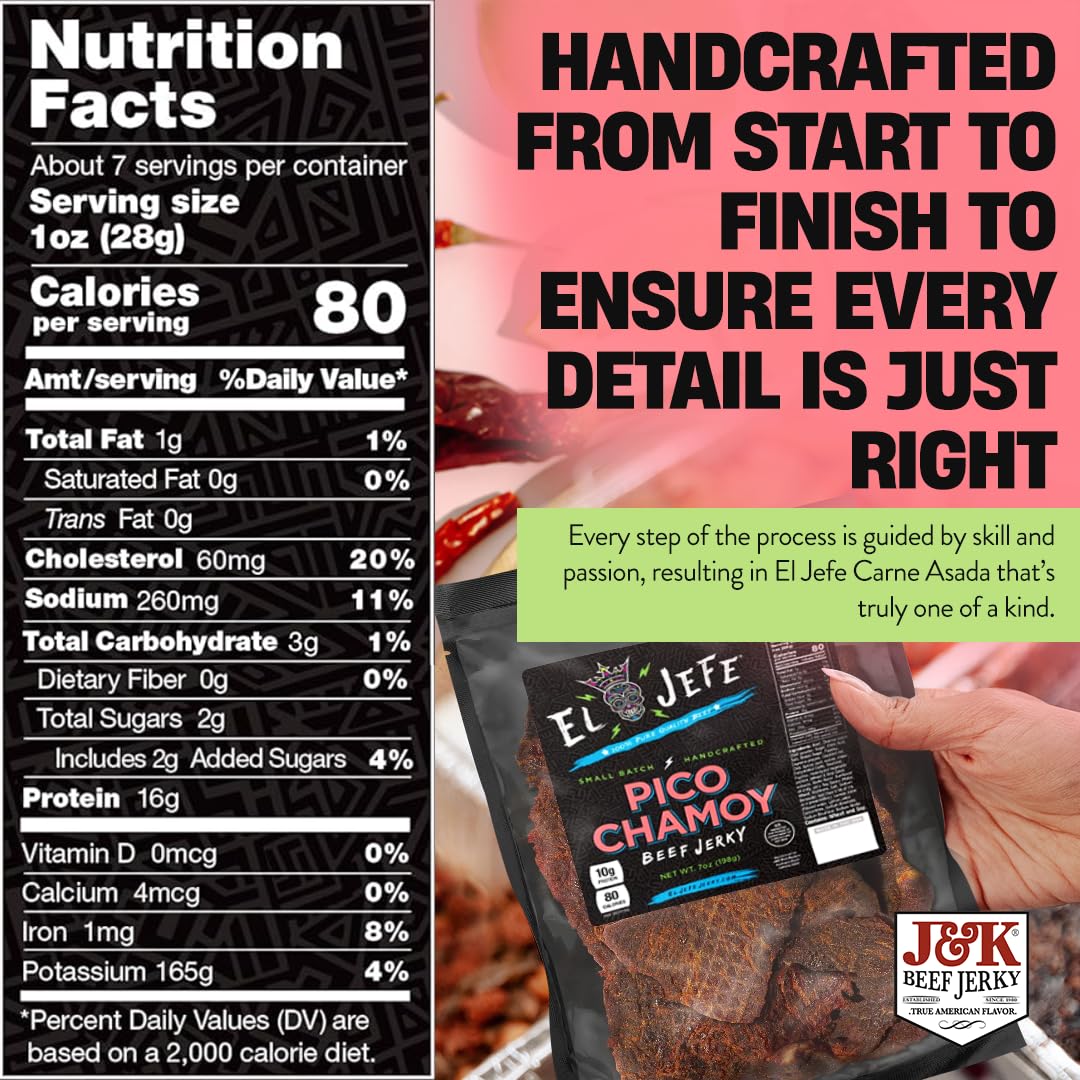 El Jefe Pico Chamoy Beef Jerky - Hand Crafted Small Batch Mexican Style Hispanic Slab Jerky - Bold & Authentic Flavor For Snacki
