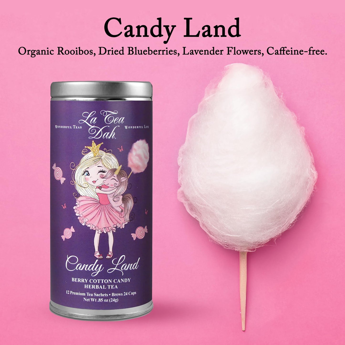 La Tea Dah Berry Cotton Candy Childrens Tea, Caffeine-Free, Red Rooibos, Blueberry & Lavender, 12 Count, Unsweetened
