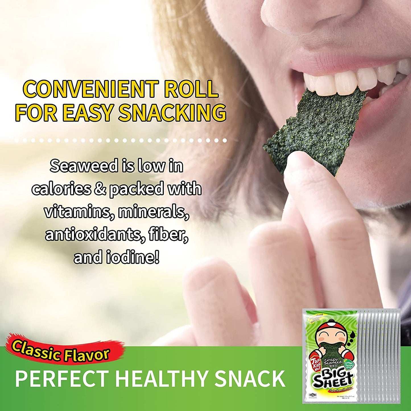 Tao Kae Noi Big Crispy Sea  Snack Sheets | Healthy Nori Chips | 12 Pack, 3.2g Each