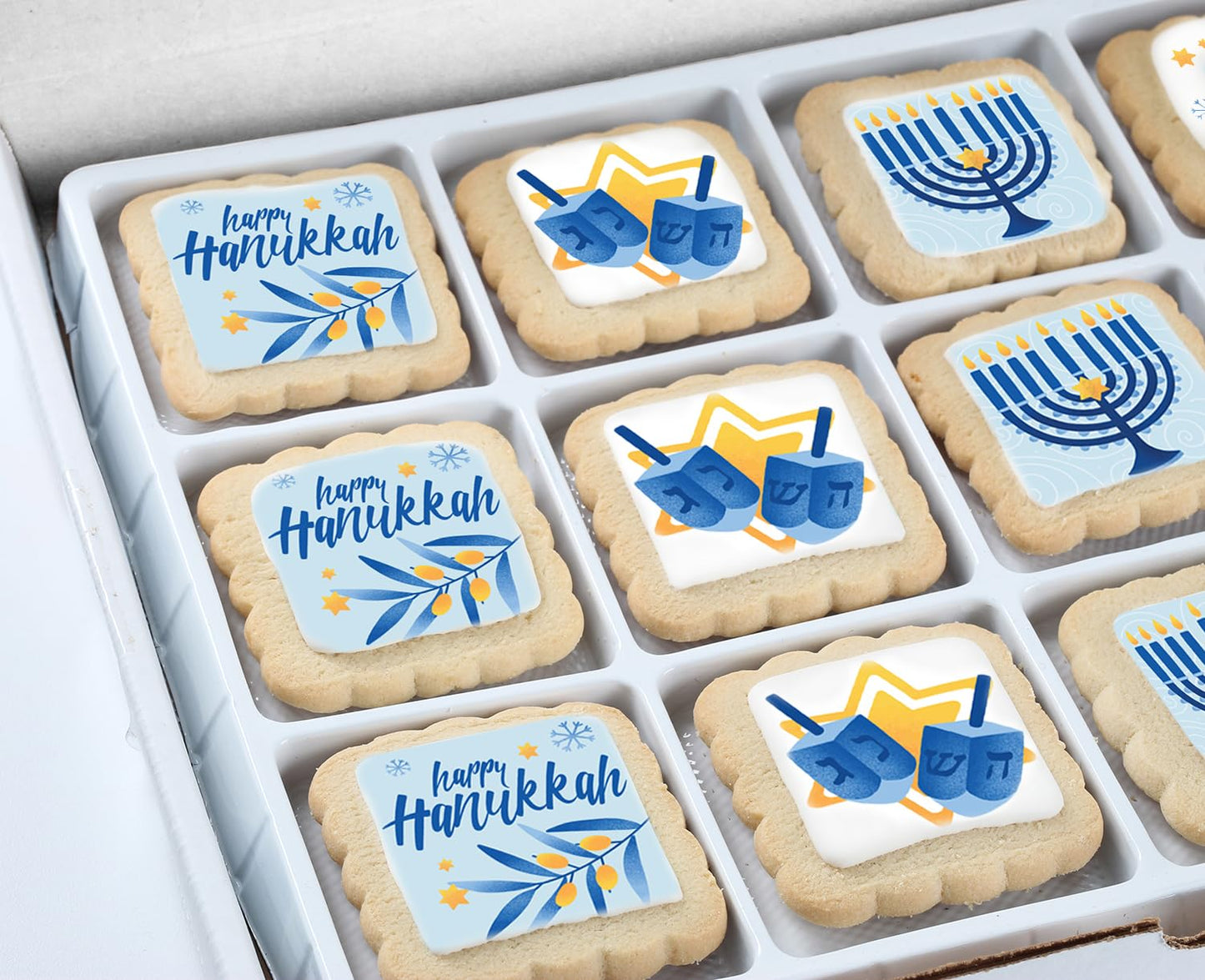 Happy Hanukkah Cookies Gift Basket Kosher For Men Women Kids | Jewish Holiday Gourmet Corporate Food Gift Individually Wrapped | 12 Decorated Sugar Cookies Menorah Donuts Dreidels
