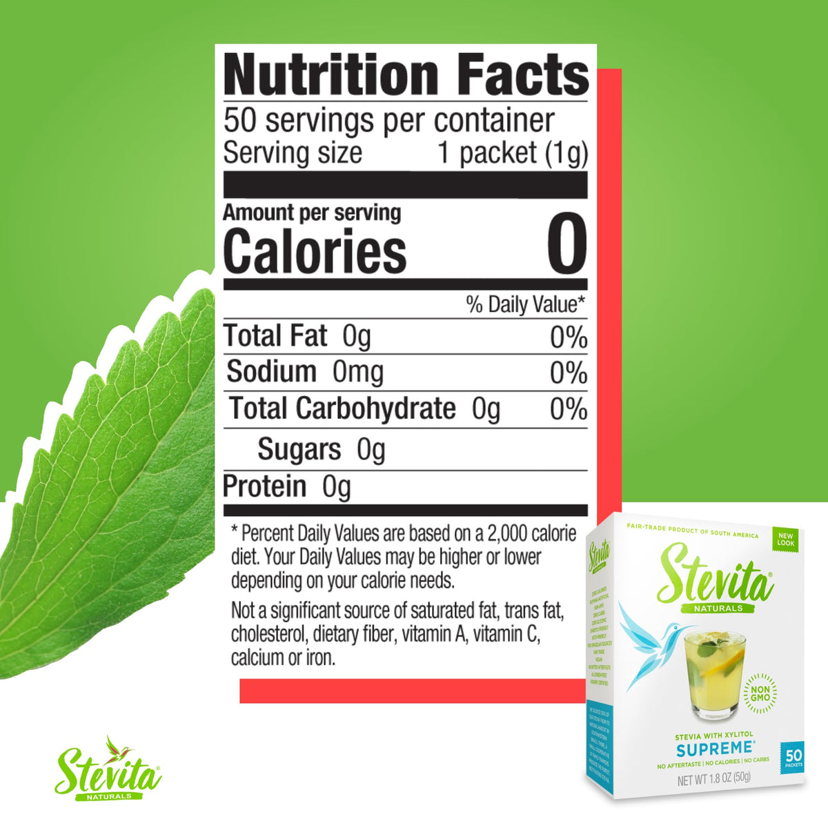 Stevita Stevia with Xylitol Supreme - 50 Packets, Pack of 4 - All-Natural Sweetener, No Calories - Non-GMO, Vegan, Kosher, Keto,