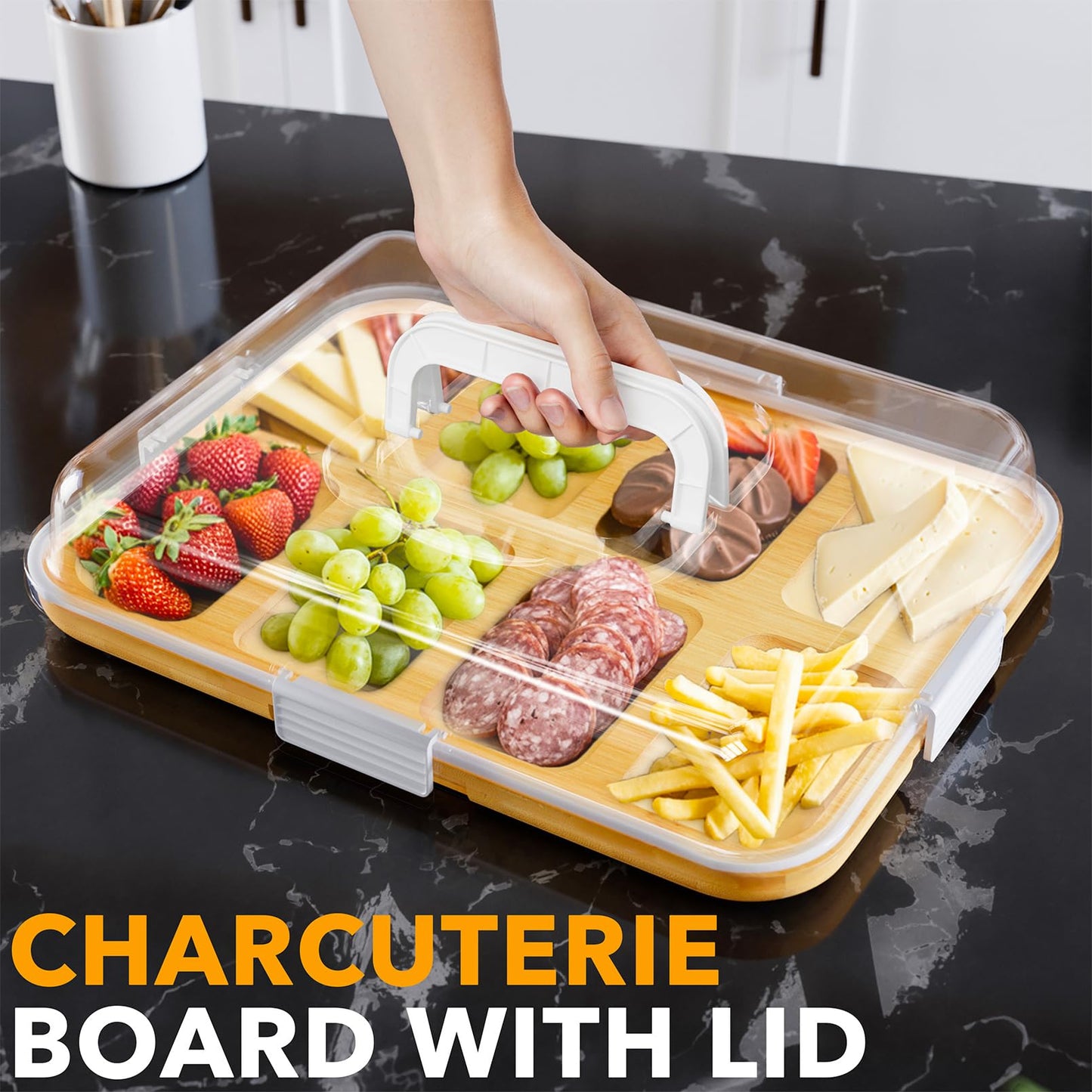 SpaceAid Charcuterie Board with Clear Lid, Portable Travel Cheese Cutting Boards for Picnic Accessories, Bamboo Serving Tray wit