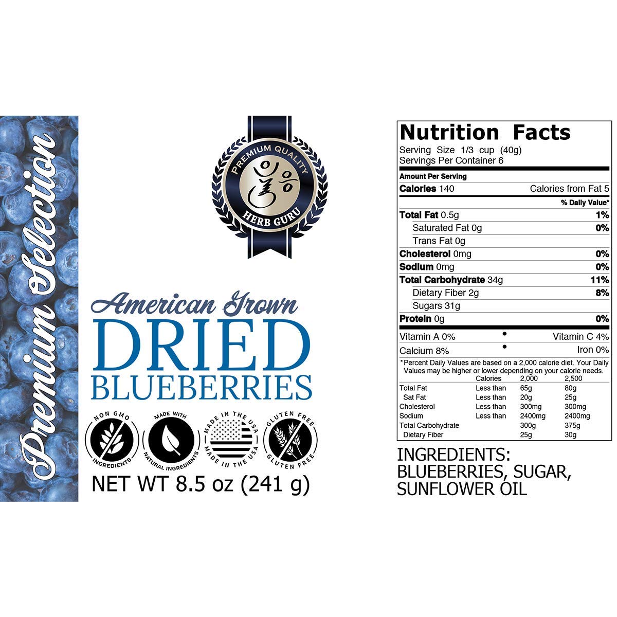 Herb Guru Whole Dried Blueberries | American Grown | All Natural, Non-Gmo, Preservative Free - 8.5 Ounce (Pack Of 2)