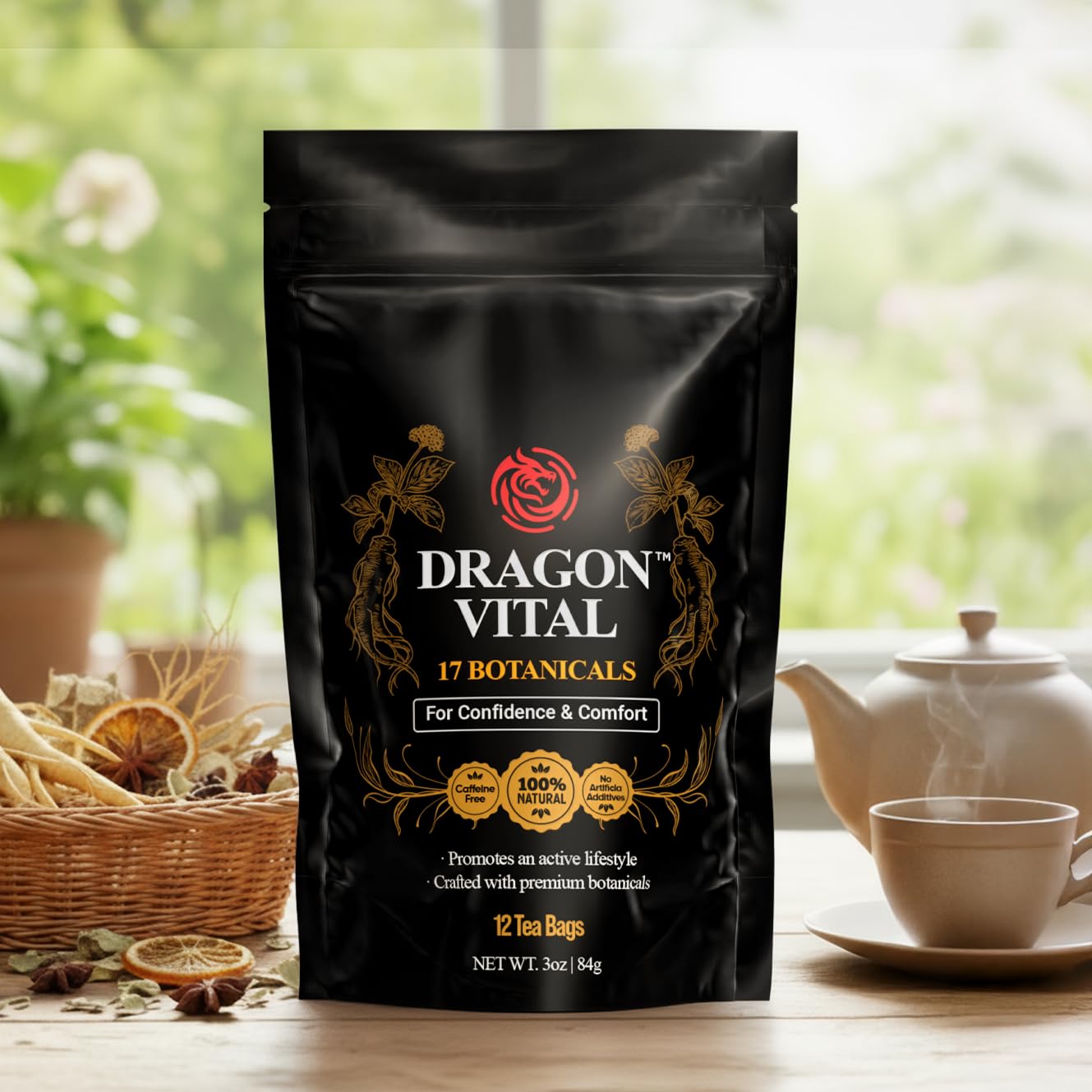 Dragon Vital Herbal Tea with Ginseng & Maca - Natural Energy Support | Caffeine-Free Botanical Blend for Vitality & Active Living | All natural - NON-GMO & No Preservatives |12 Tea Bags | by Robutop