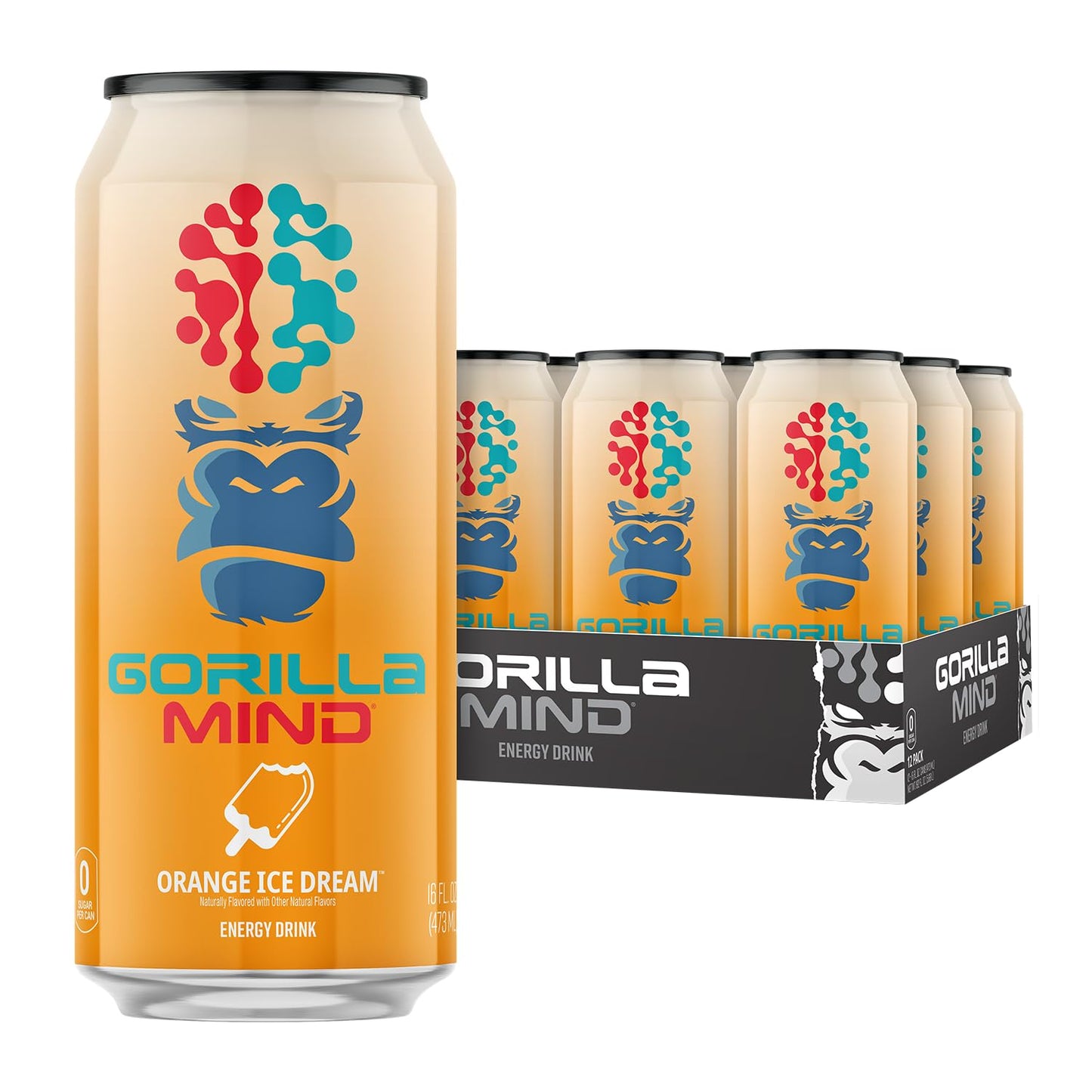 Gorilla Mind Energy Drink | Unmatched Energy  Amplified Focus | N-Acetyl-L-Tyrosine  Alpha-GPC  200mg Caffeine  Uridine  Saffron | 0 Sugar Or Artificial Colors | 16oz  12-Pack (Orange Ice Dream)