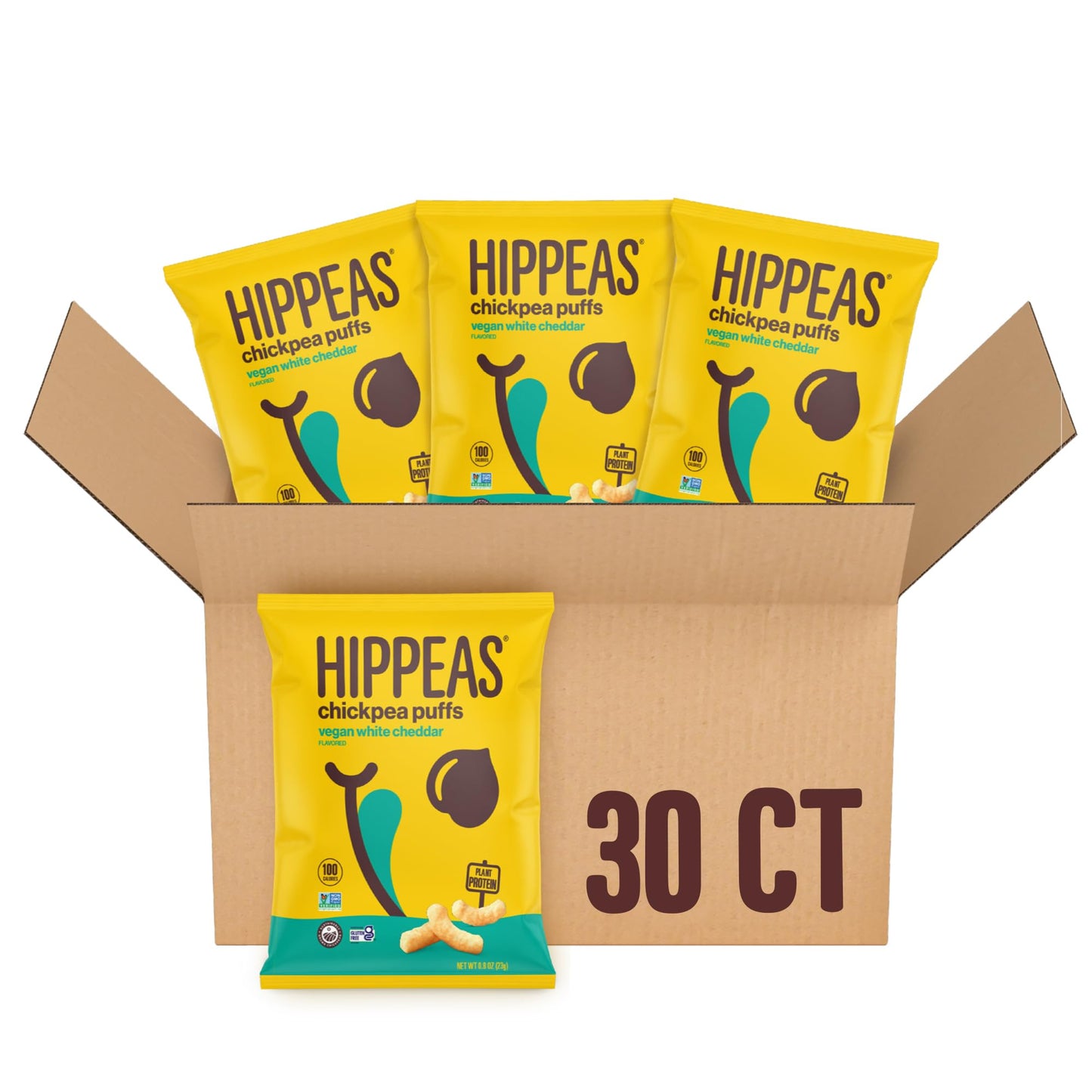 Hippeas Chickpea Puffs, Groovy White Cheddar, 0.8 Ounce (Pack of 30), 3g Protein, 2g Fiber, Vegan, Gluten-Free, Crunchy, Plant P