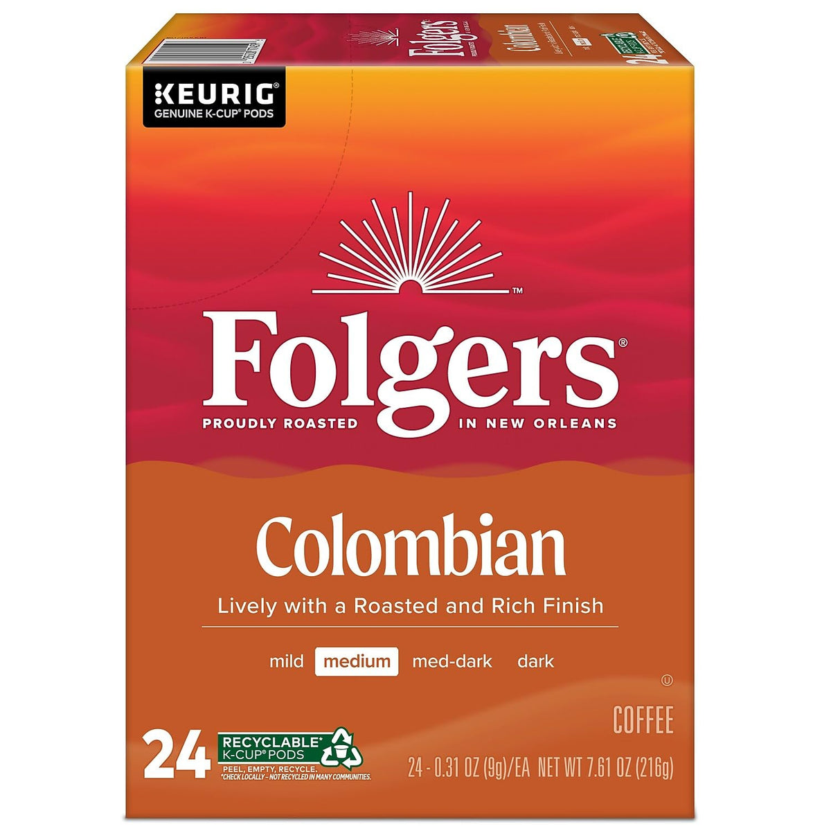 Folgers Lively Colombian K-Cup Pods for Keurig, 24 Count, Model CAJ-084