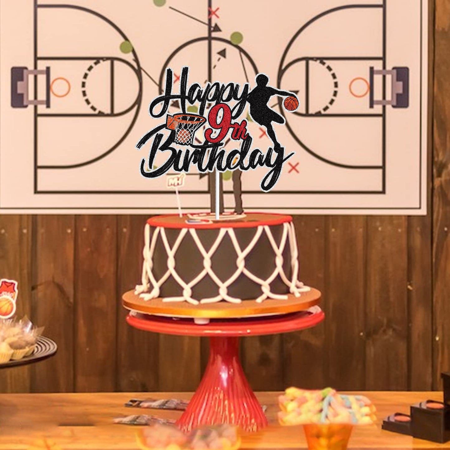 LINGBOOM Basketball Cake Topper for 9th Birthday, Black C-8th Model, Sport Theme Decoration for Boys and Kids