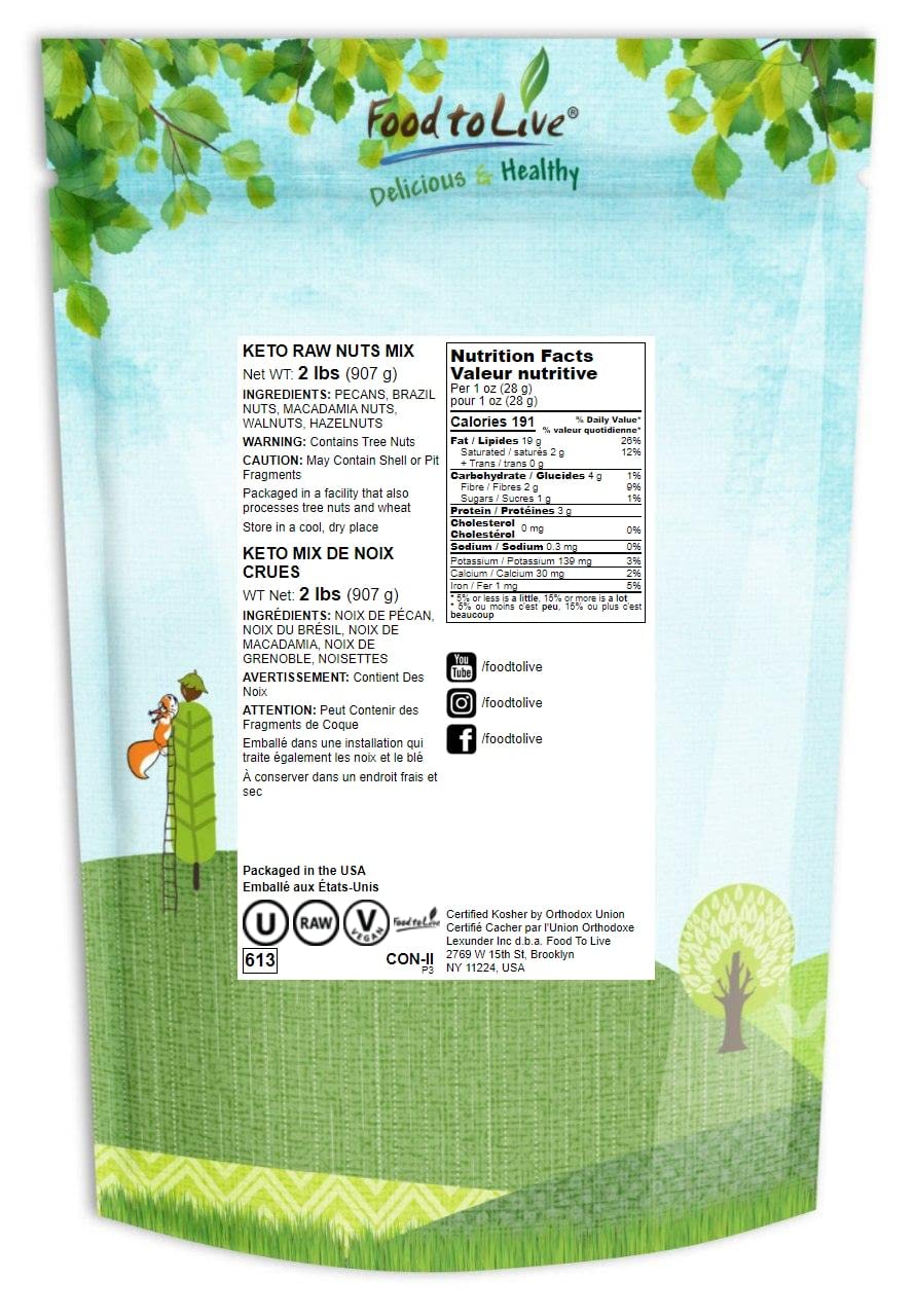 Food To Live Keto Nuts Mix, 2 Pounds - Keto Snack Contains Raw Brazil Nuts, Pecans, Walnuts, Hazelnuts And Macadamia Nuts, Low C