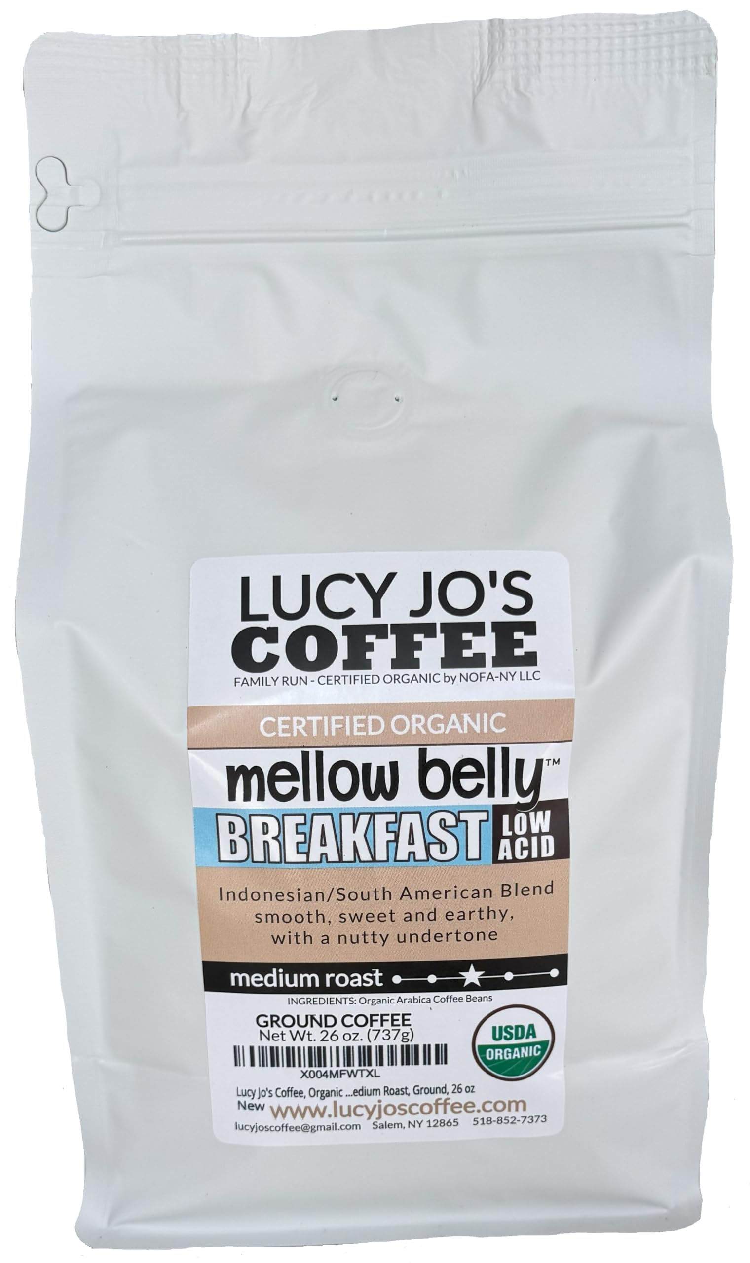 Lucy Jos Coffee Organic Mellow Belly Low Acid Blend, Medium Roast Ground Coffee, 26 oz