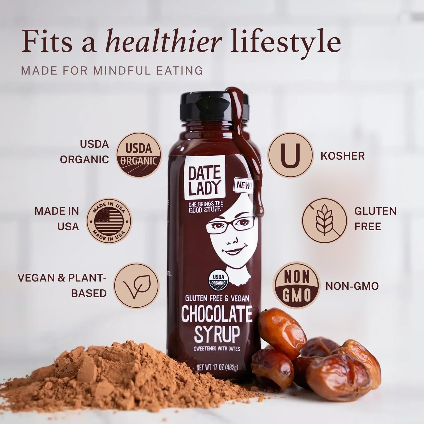 Date Lady Chocolate Syrup | Sweetened Only with Dates | Organic  Vegan  Kosher and Dairy Free | Drizzle on Ice Cream  Pour on Pancakes or Grab a Spoonful! | 1Squeeze Bottle (17oz)