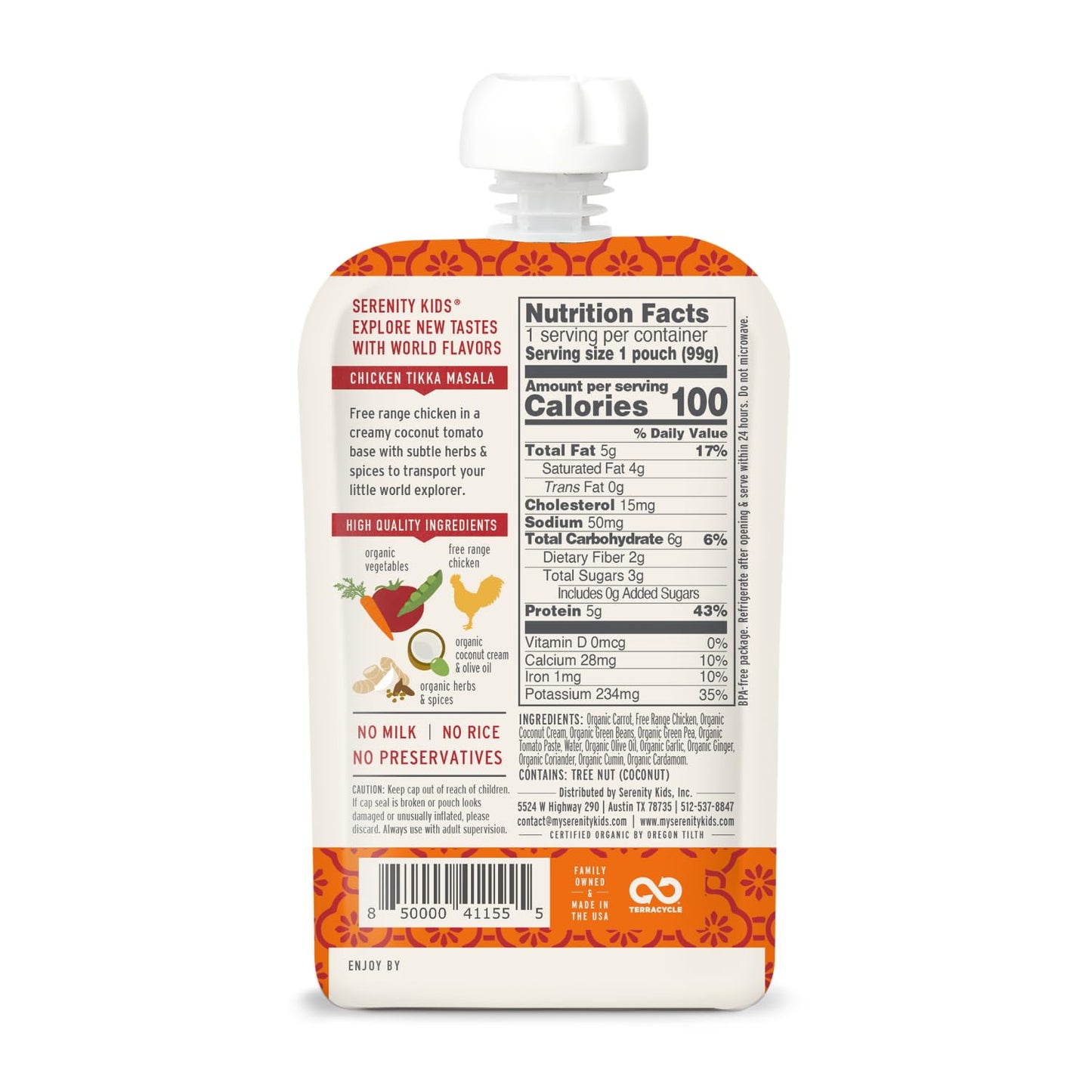 Serenity Kids 6+ Months Chicken Tikka Masala Baby Food Pouch - 3.5 Oz, Pack Of 12-5G Protein Snacks - Nutrient-Packed Chicken Meals - Ready-To-Serve Pureed Baby Food Pouch