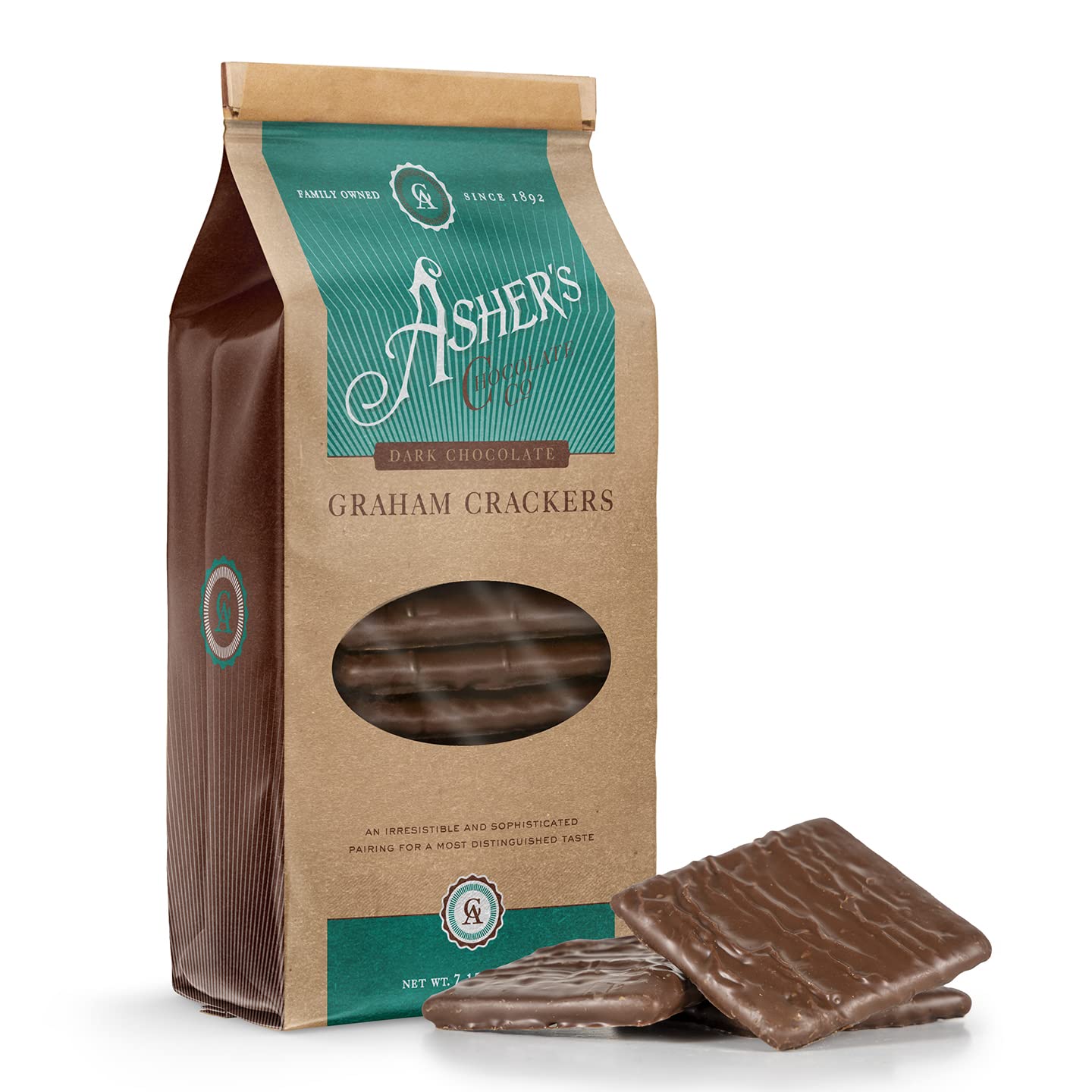 Ashers Chocolates Dark Chocolate Covered Graham Crackers, 7.15 oz, Kosher, Small Batches, Family Owned Since 1892