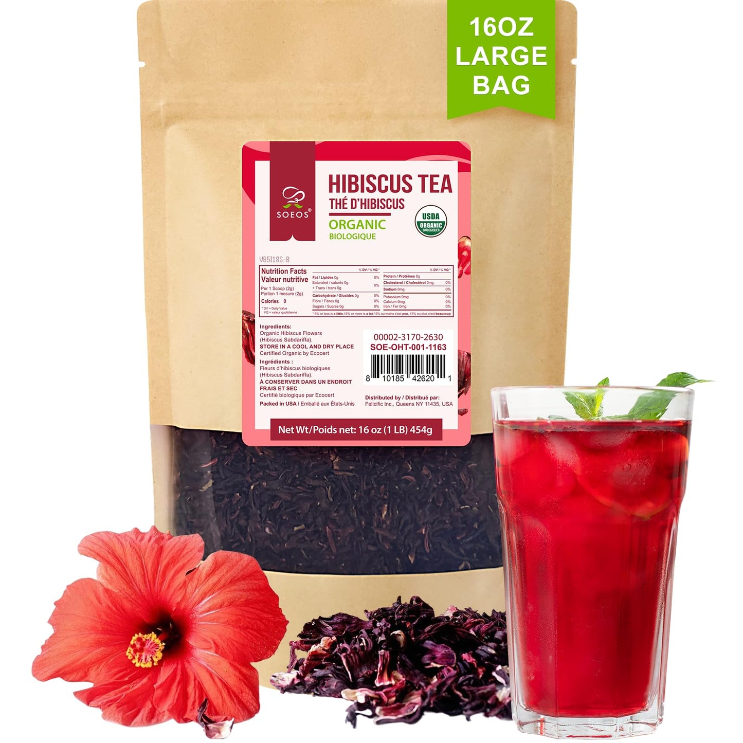 Soeos Organic Hibiscus Flower Herbal Tea, Caffeine-Free, 16oz Whole Dried Petals