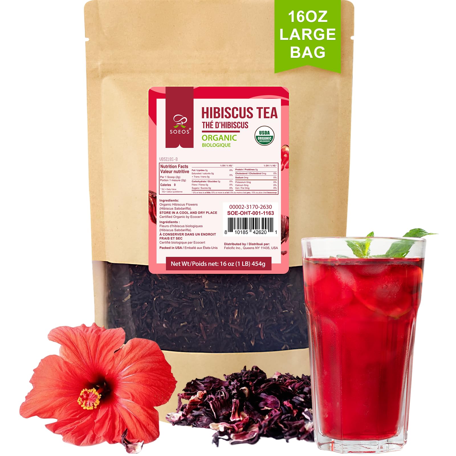 Soeos Organic Hibiscus Flower Herbal Tea, Caffeine-Free, 16oz Whole Dried Petals