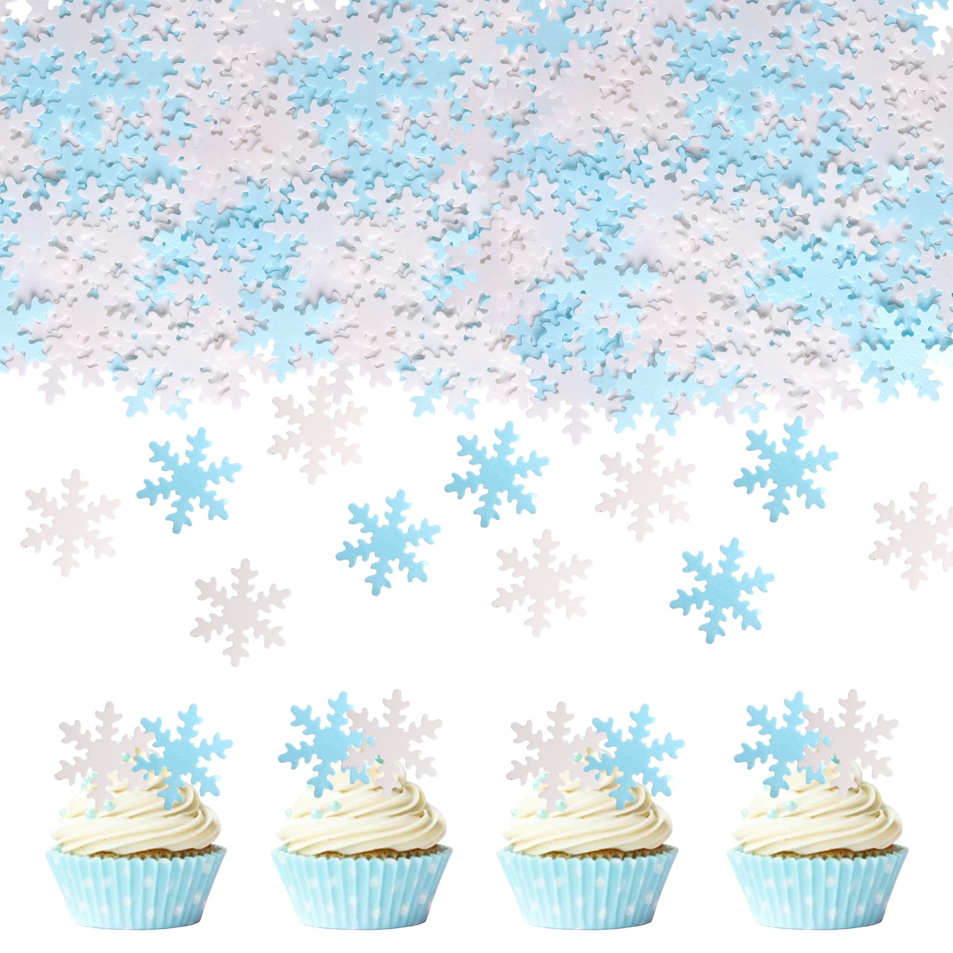 YCTHUNFISH 50 Pack Edible Snowflake Cupcake Toppers, Paper Wafer Decorations for Winter, Baby Shower & Kids Birthday Party, White/Blue