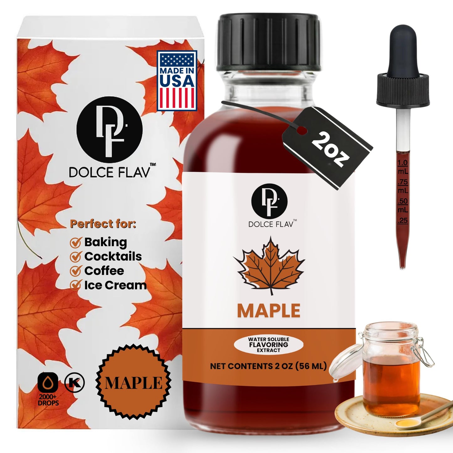 Dolce Flav Maple Extract - 2 Ounce Water-Soluble Multipurpose Flavoring Ideal for Baked Goods  Beverages  Coffee  Desserts & Ice Cream - Perfect Kitchen Gift for Holidays