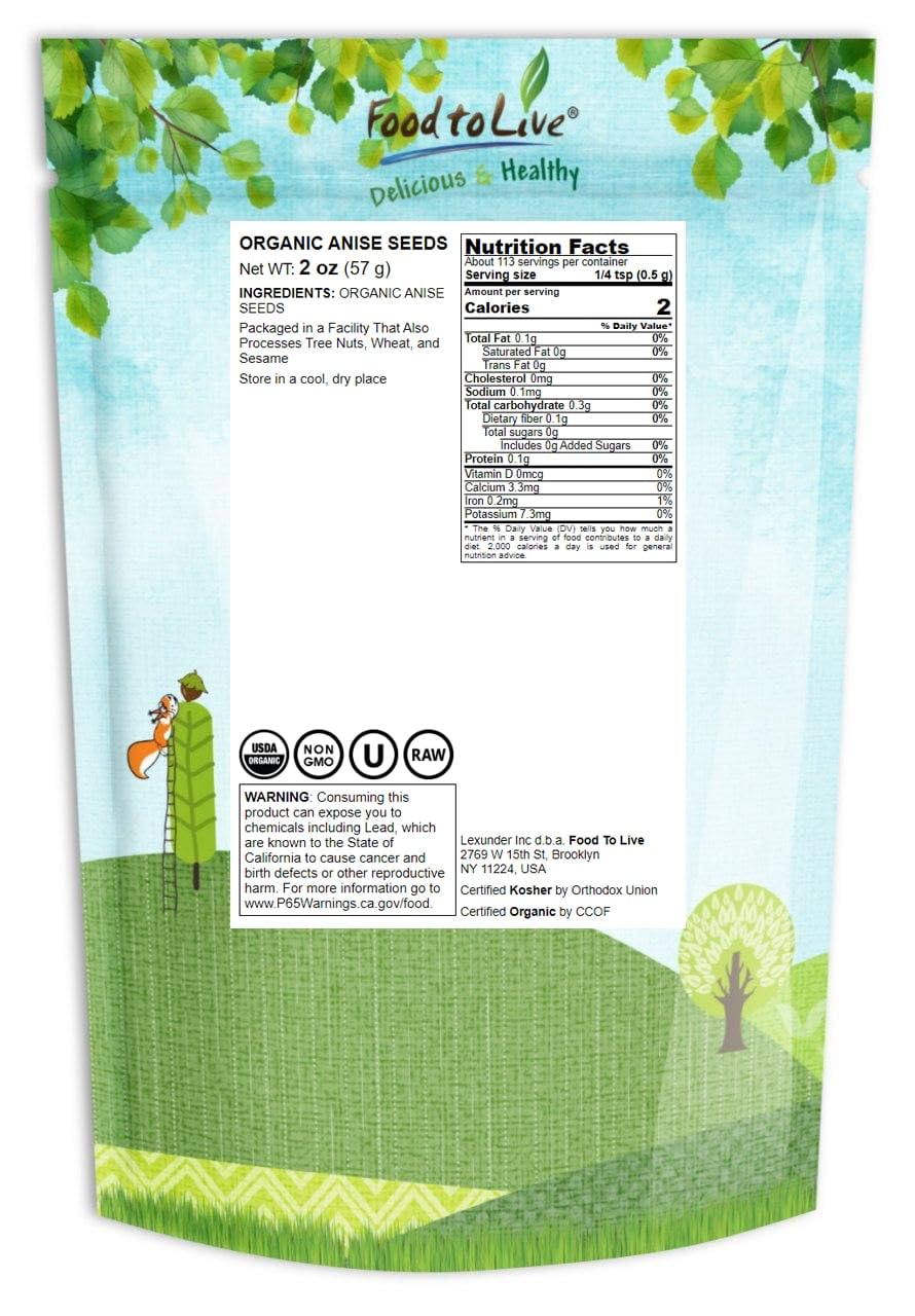 Food To Live - Organic Anise Seeds, 2 Ounces - Non-Gmo. Great For Tea, Baking, Pickling And Cooking. Non-Irradiated. Whole Dry S