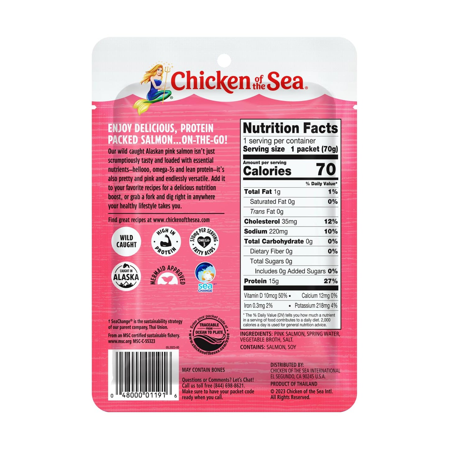 Chicken Of The Sea Alaskan Pink Salmon In Spring Water, Wild Caught, Skinless & Boneless, 2.5 Oz. Packet (Box Of 6)