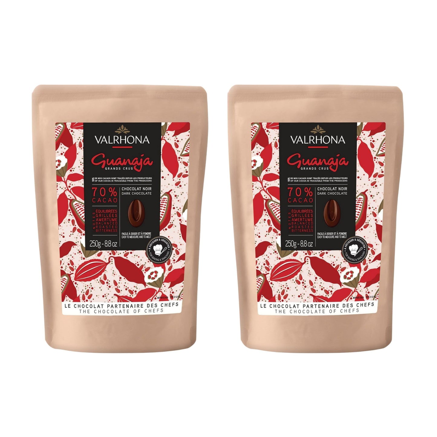 Valrhona Top-Grade French Baking Dark Chocolate Discs (Feves). Classic Guanaja 70% Cacao. Easy Melt. Easy To Chop. Intense & Smooth With Bitter Notes. Sauces  Cakes  Mousses  Frostings 250G (Pack Of 2)