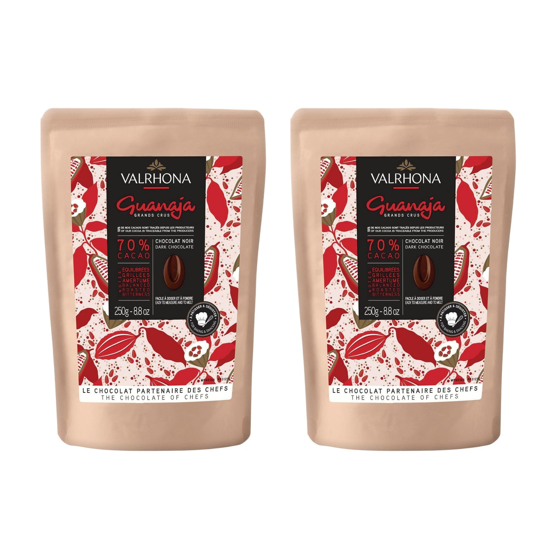 Valrhona Top-Grade French Baking Dark Chocolate Discs (Feves). Classic Guanaja 70% Cacao. Easy Melt. Easy To Chop. Intense & Smooth With Bitter Notes. Sauces  Cakes  Mousses  Frostings 250G (Pack Of 2)