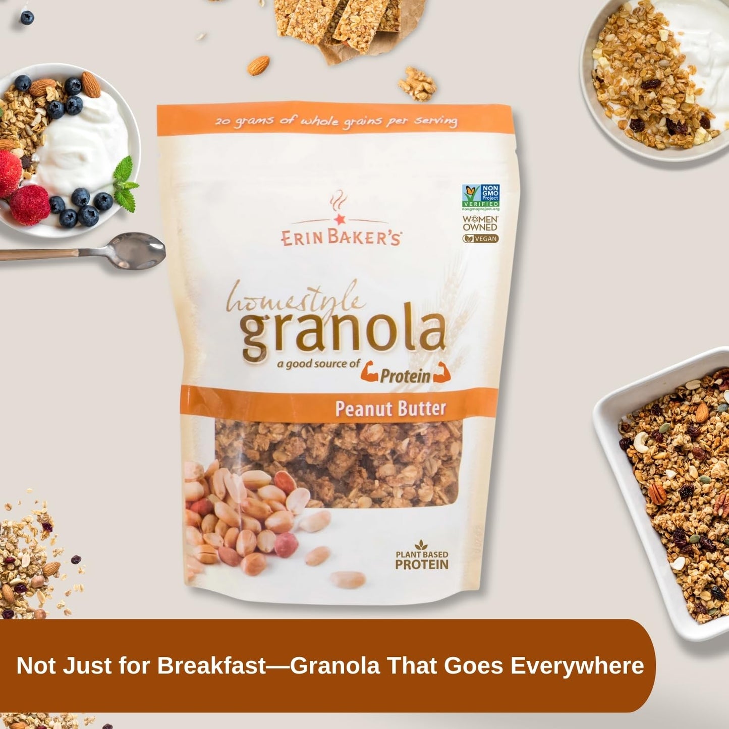 Erin Baker'S Homestyle Granola, Peanut Butter, Ancient Grains, Vegan, Non-Gmo, Cereal, 12-Ounce Bags (Pack Of 6)